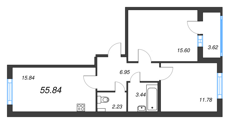 3-комнатная (Евро) квартира, 55.84 м² в ЖК "Любоград" - планировка, фото №1