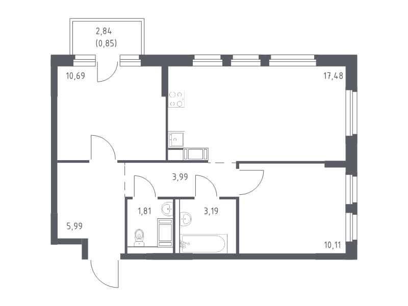 3-комнатная (Евро) квартира, 54.11 м² - планировка, фото №1