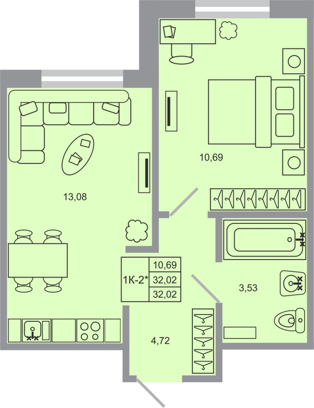 1-комнатная квартира, 32.02 м² - планировка, фото №1