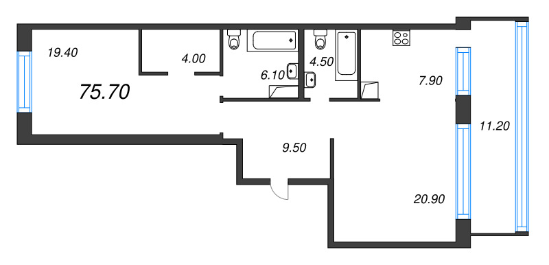 2-комнатная (Евро) квартира, 75.7 м² в ЖК "ЛДМ" - планировка, фото №1