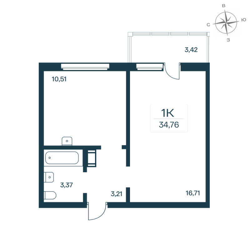 1-комнатная квартира, 35.4 м² - планировка, фото №1