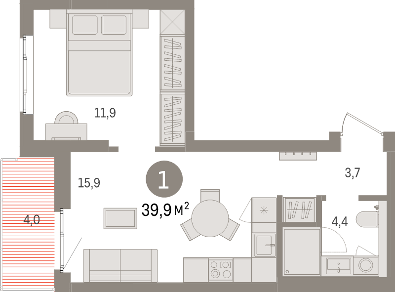 2-комнатная (Евро) квартира, 39.9 м² в ЖК "Брусника в Новоселье" - планировка, фото №1