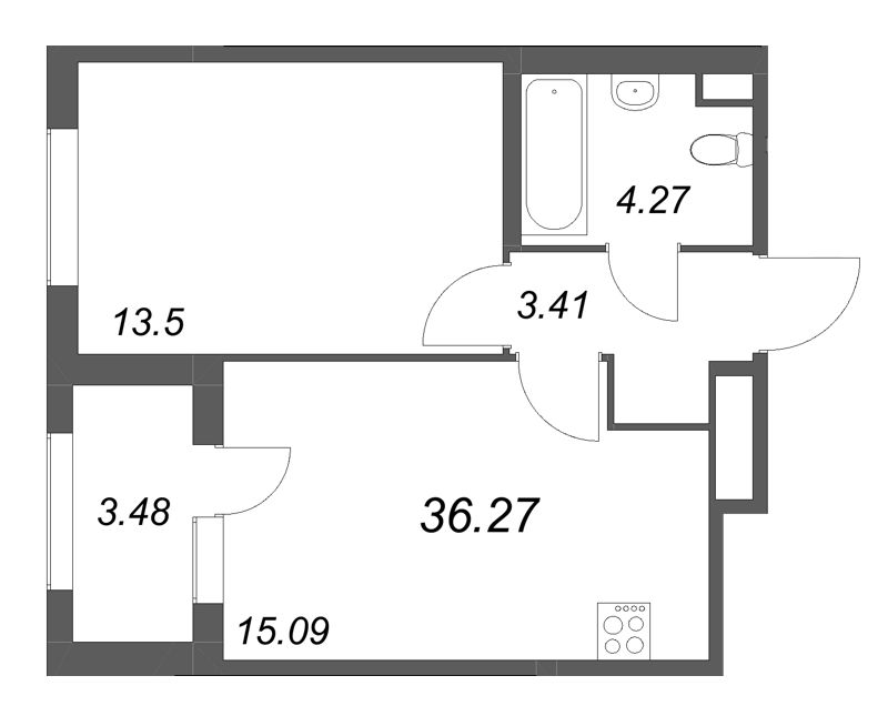 2-комнатная (Евро) квартира, 36.27 м² в ЖК "Дубровский" - планировка, фото №1