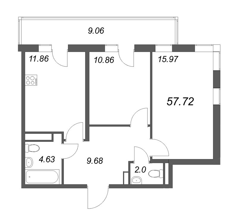 2-комнатная квартира, 57.72 м² в ЖК "Новая история" - планировка, фото №1