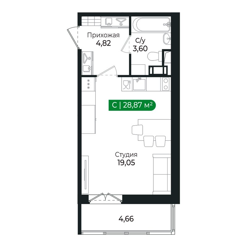 Квартира-студия, 27.3 м² в ЖК "Сертолово Парк" - планировка, фото №1
