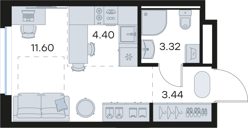 Квартира-студия, 22.76 м² в ЖК "GloraX Новоселье" - планировка, фото №1
