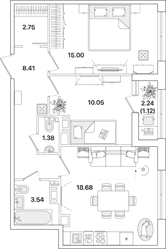 3-комнатная (Евро) квартира, 60.93 м² - планировка, фото №1