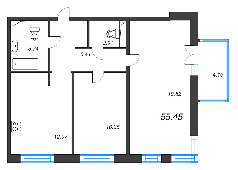 2-комнатная квартира, 55.45 м² в ЖК "Арт Парк" - планировка, фото №1