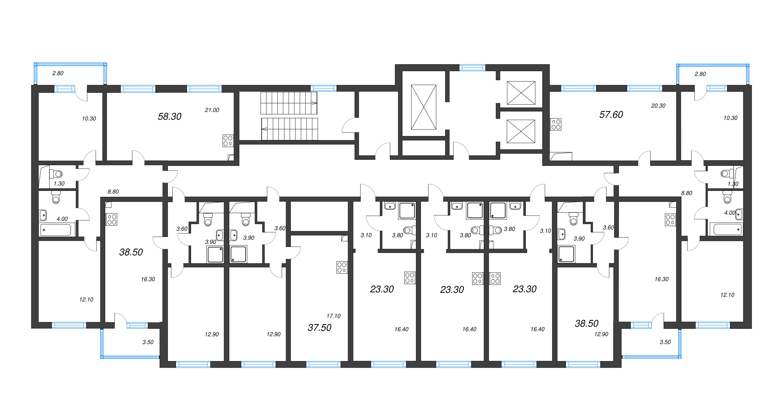 2-комнатная (Евро) квартира, 38.5 м² в ЖК "Ручьи" - планировка этажа