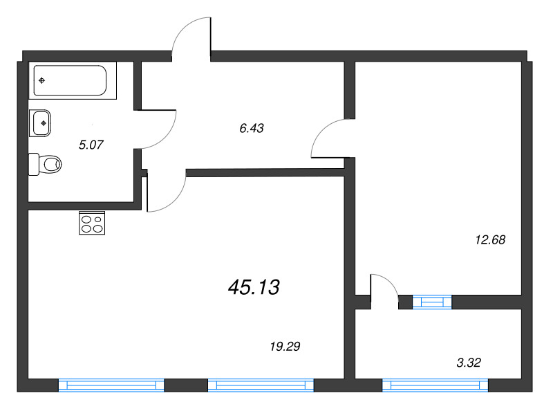 2-комнатная (Евро) квартира, 45.13 м² - планировка, фото №1