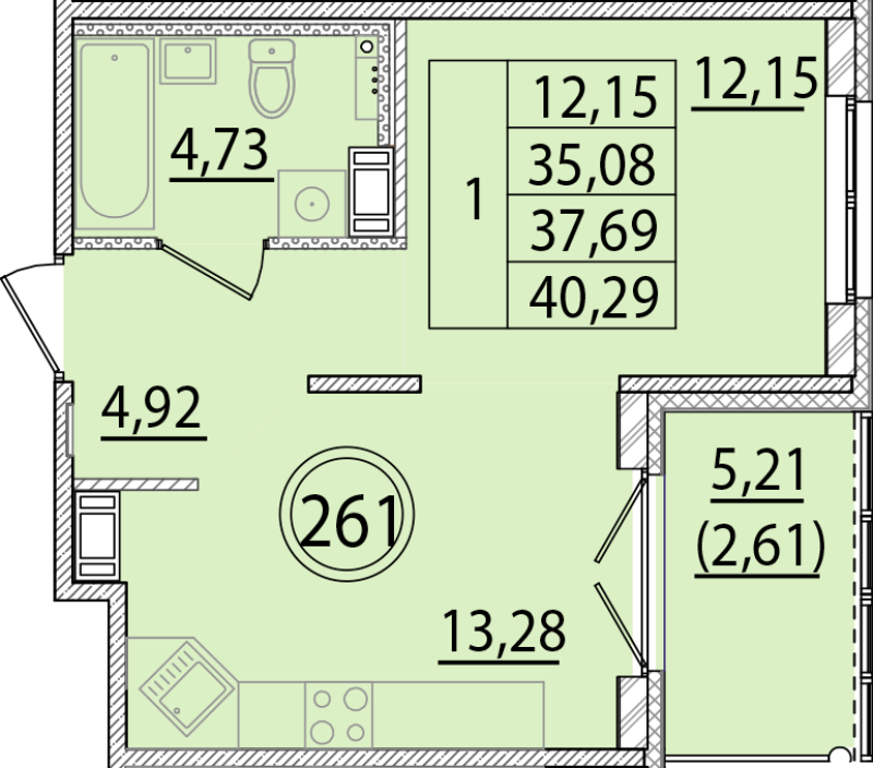 1-комнатная квартира, 35.08 м² в ЖК "Образцовый квартал 15" - планировка, фото №1