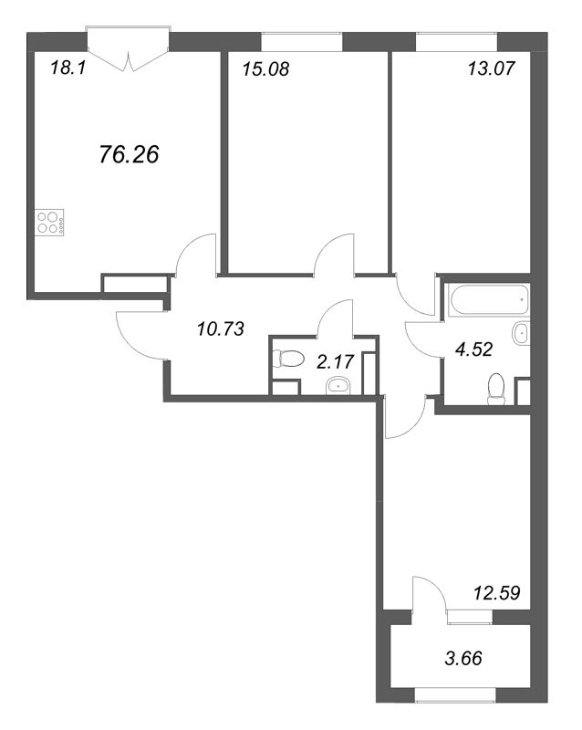 4-комнатная (Евро) квартира, 76.26 м² в ЖК "Дубровский" - планировка, фото №1