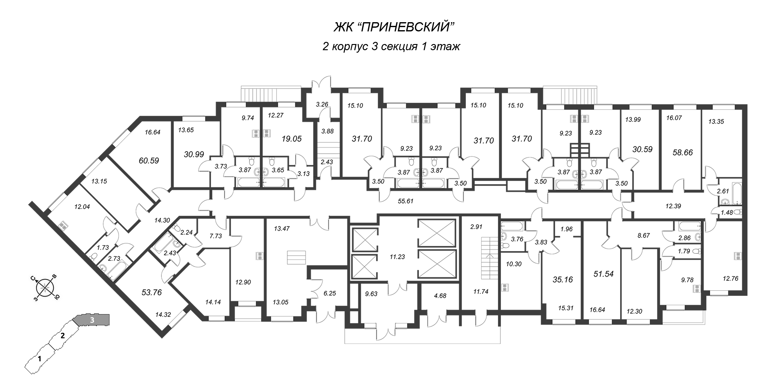1-комнатная квартира, 35.16 м² - планировка этажа