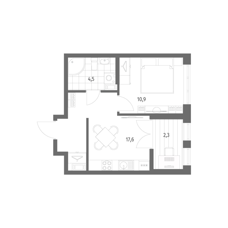 2-комнатная (Евро) квартира, 35.3 м² в ЖК "NewПитер 2.0" - планировка, фото №1