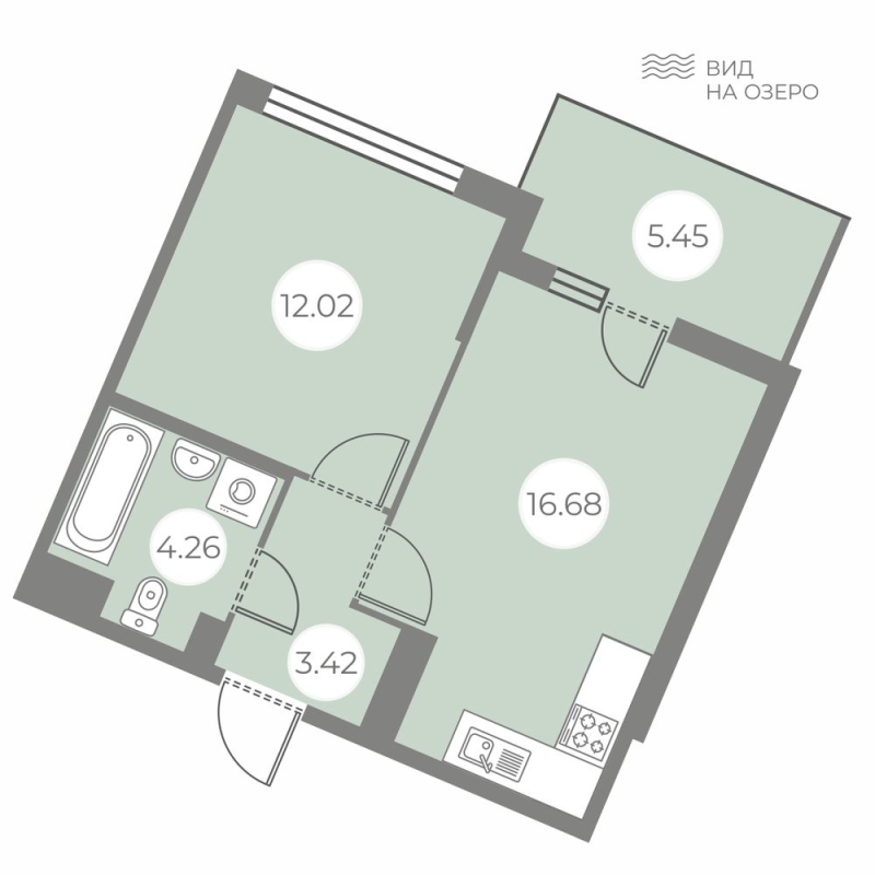 2-комнатная (Евро) квартира, 38.02 м² - планировка, фото №1