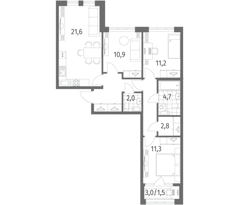 4-комнатная (Евро) квартира, 78.9 м² - планировка, фото №1