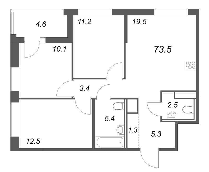 4-комнатная (Евро) квартира, 73.5 м² в ЖК "Янила Форест" - планировка, фото №1
