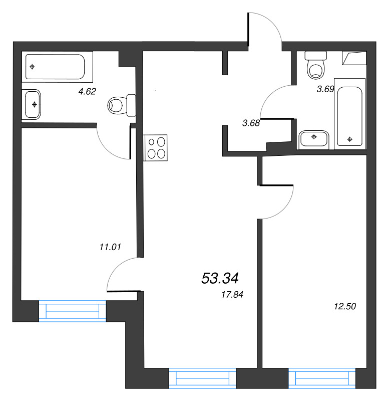 3-комнатная (Евро) квартира, 53.34 м² в ЖК "Тишин" - планировка, фото №1