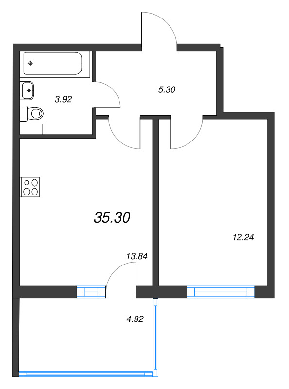 1-комнатная квартира, 35.3 м² в ЖК "Любоград" - планировка, фото №1