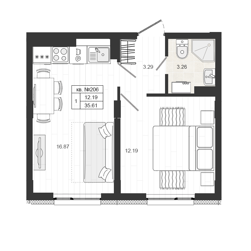 2-комнатная (Евро) квартира, 35.61 м² в ЖК "Верево-сити" - планировка, фото №1