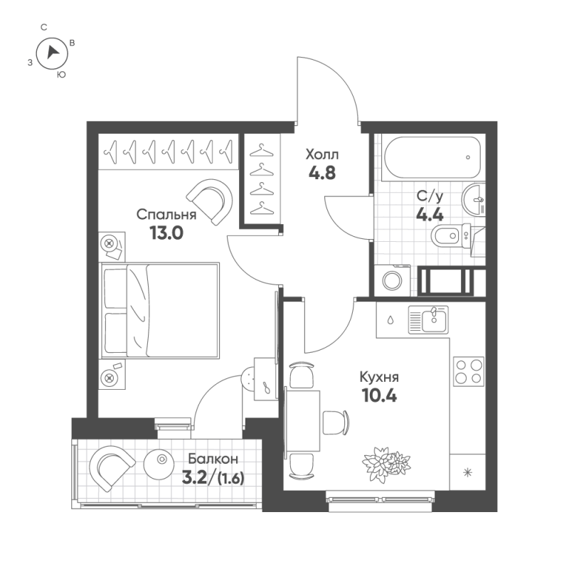 1-комнатная квартира, 34.2 м² в ЖК "Клюква.Парк" - планировка, фото №1