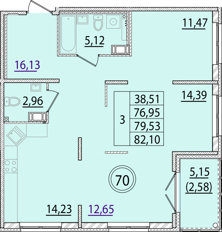 3-комнатная квартира, 76.95 м² - планировка, фото №1
