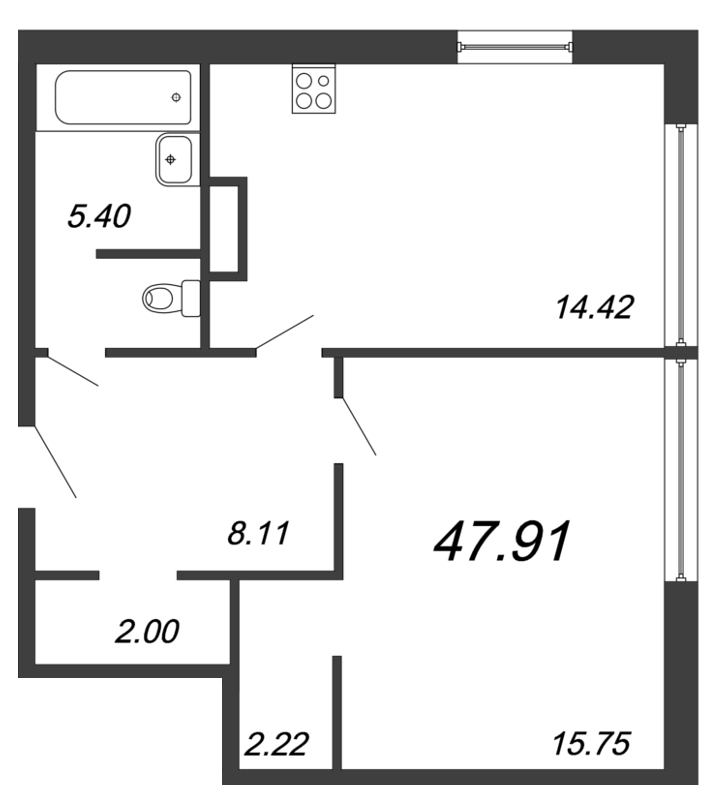 1-комнатная квартира, 47.91 м² в ЖК "Ariosto" - планировка, фото №1