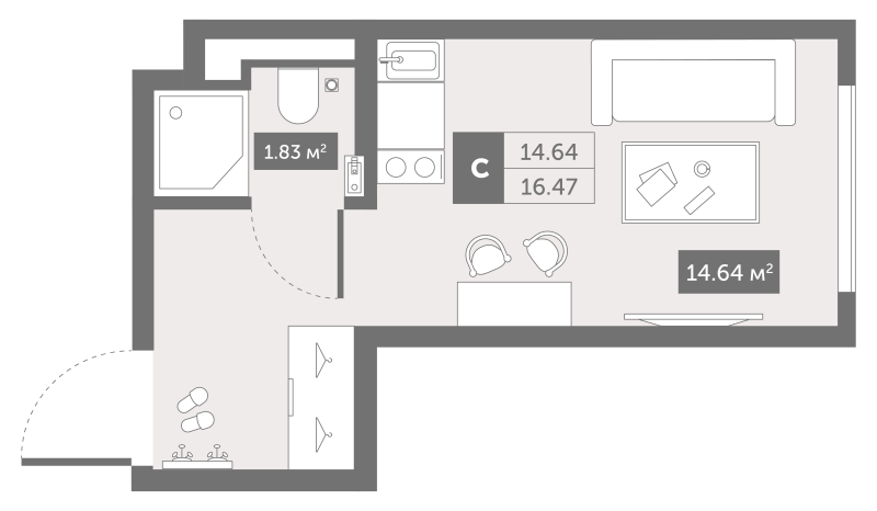 Квартира-студия, 16.47 м² в ЖК "Zoom Черная речка" - планировка, фото №1