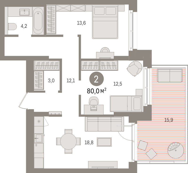 2-комнатная квартира, 80 м² в ЖК "Брусника в Новоселье" - планировка, фото №1