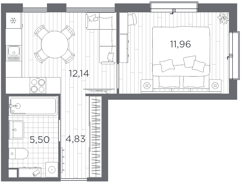 1-комнатная квартира, 34.43 м² в ЖК "PLUS Пулковский" - планировка, фото №1