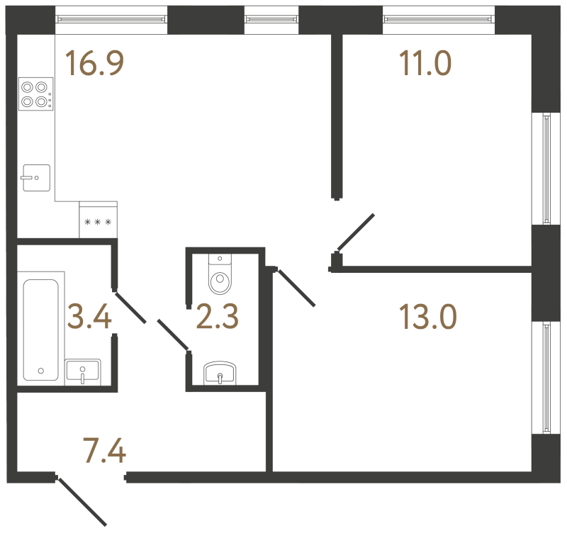 3-комнатная (Евро) квартира, 54 м² в ЖК "Передвижники 2" - планировка, фото №1