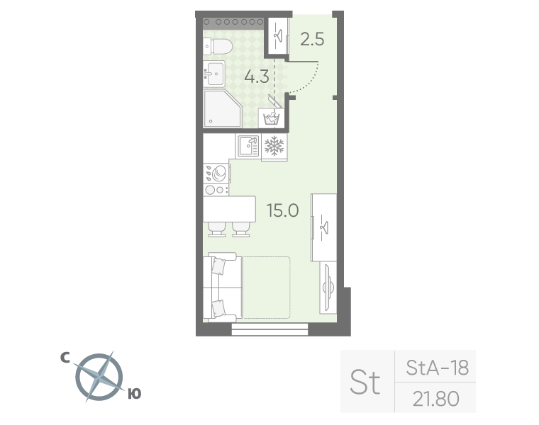 Квартира-студия, 21.8 м² в ЖК "Пулково Lake" - планировка, фото №1