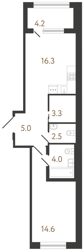 2-комнатная (Евро) квартира, 45.7 м² в ЖК "Передвижники 2" - планировка, фото №1