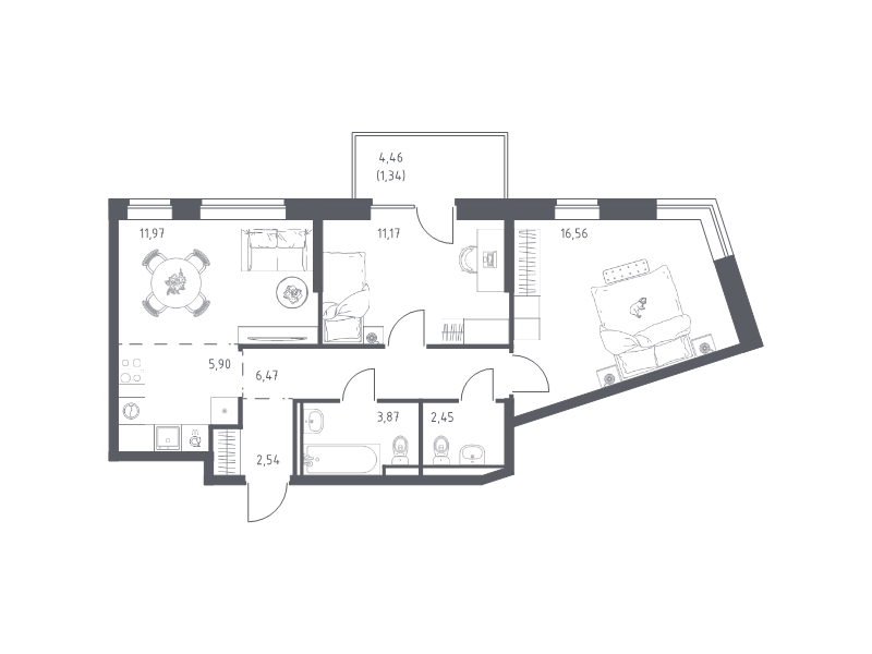 3-комнатная (Евро) квартира, 62.25 м² в ЖК "Живи! В Рыбацком" - планировка, фото №1