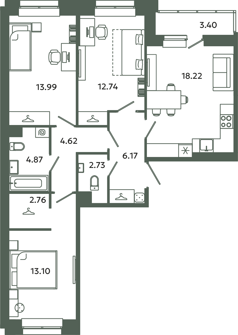 4-комнатная (Евро) квартира, 80.22 м² в ЖК "Загляденье" - планировка, фото №1