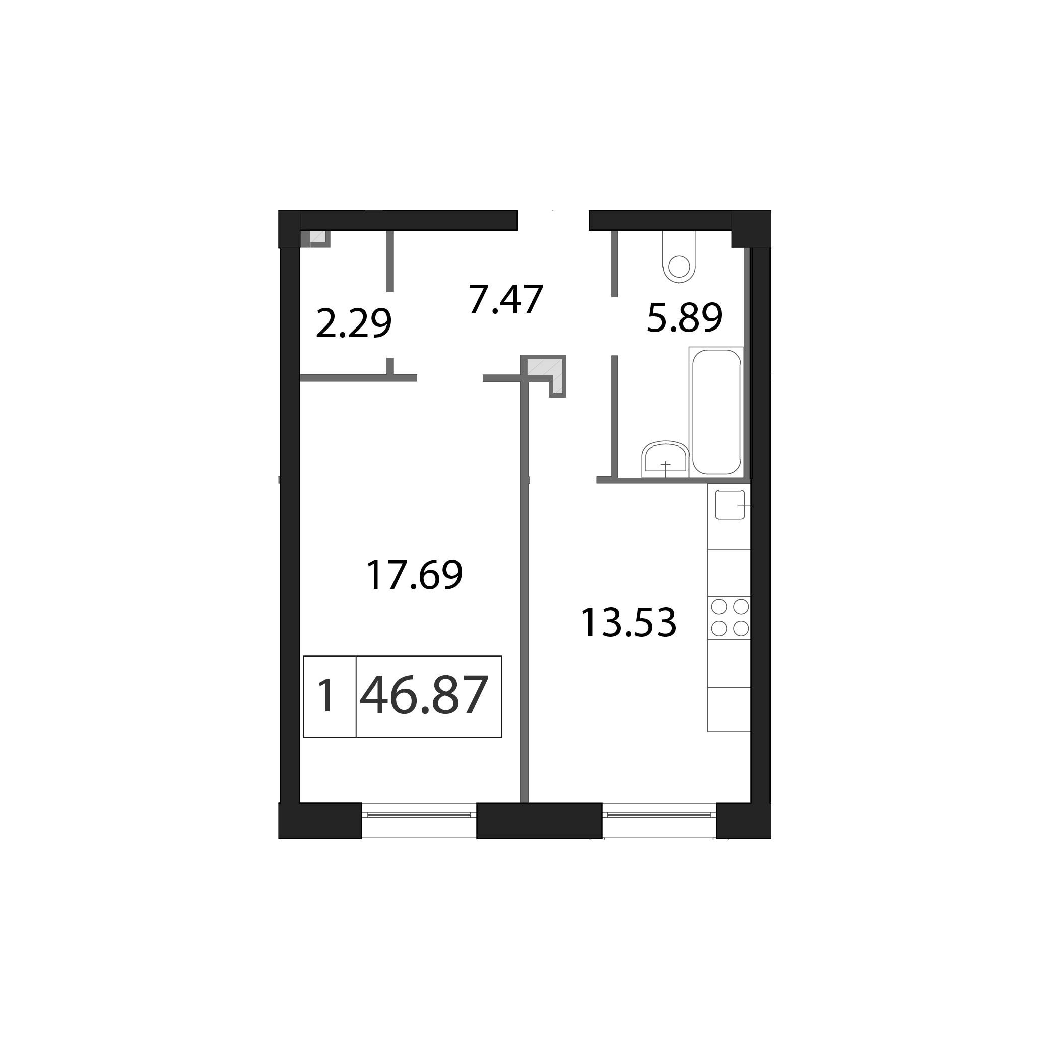 1-комнатная квартира, 46.4 м² в ЖК "Neva Haus" - планировка, фото №1