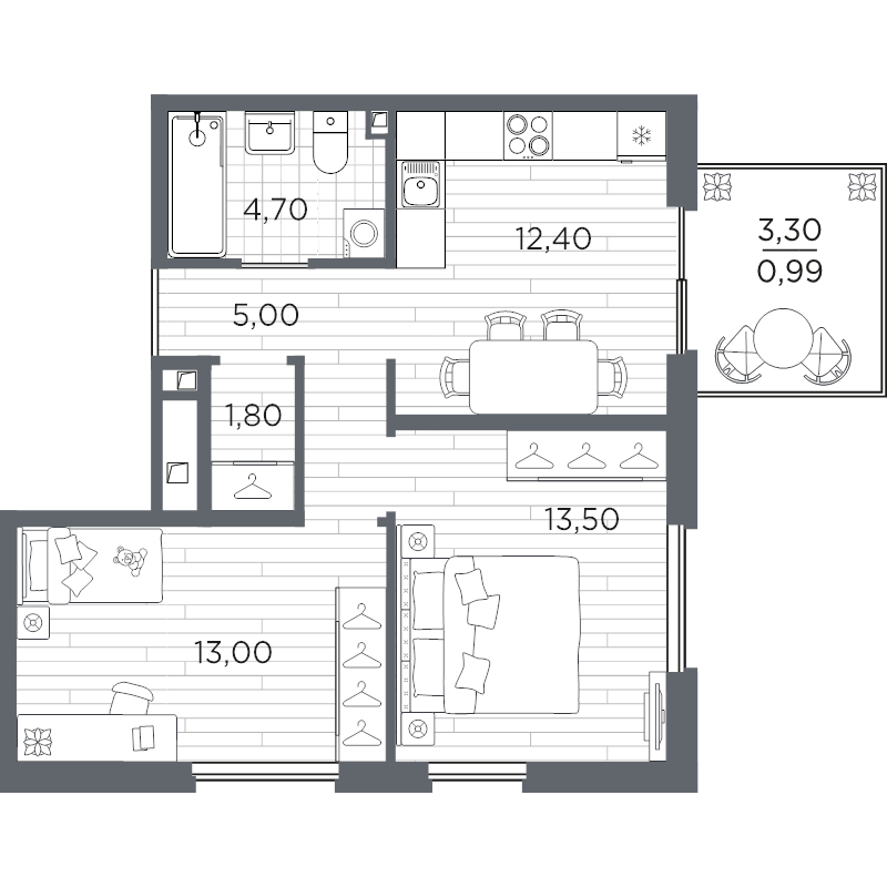 2-комнатная квартира, 51.39 м² в ЖК "PLUS Пулковский" - планировка, фото №1