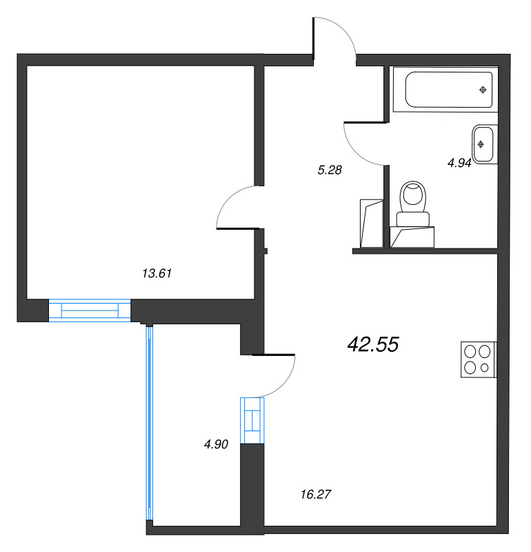 2-комнатная (Евро) квартира, 42.55 м² в ЖК "IQ Гатчина" - планировка, фото №1