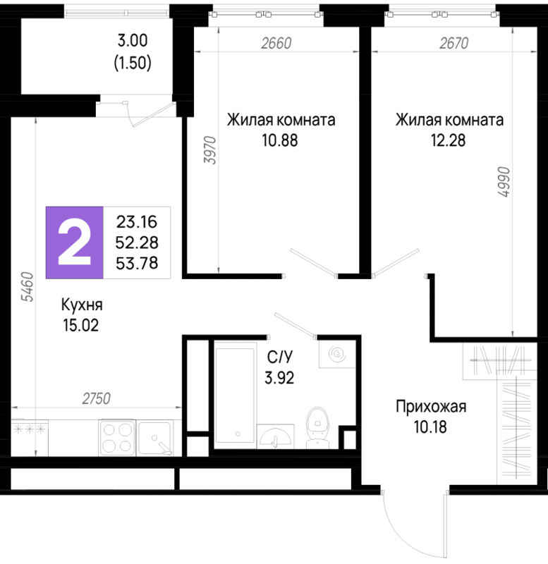 3-комнатная (Евро) квартира, 53.78 м² в ЖК "Имена" - планировка, фото №1
