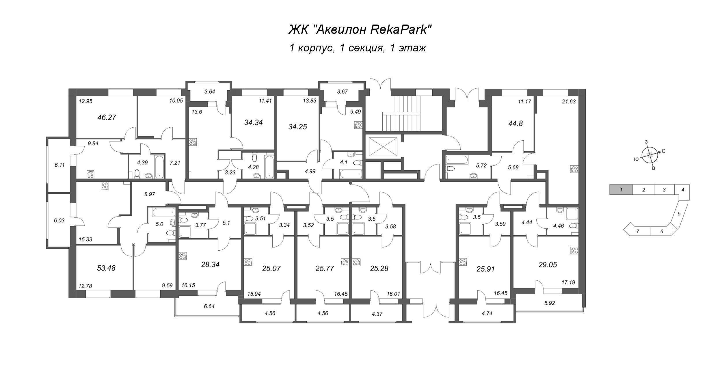 2-комнатная квартира, 46.27 м² - планировка этажа