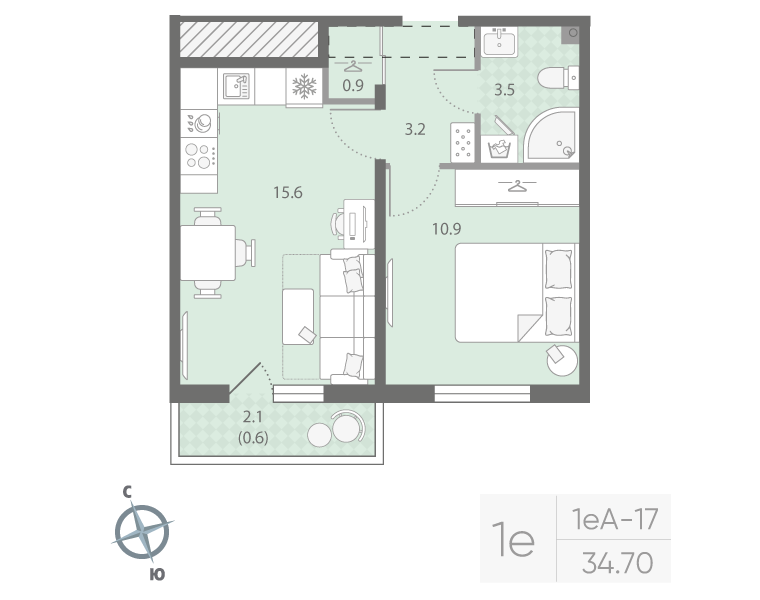 2-комнатная (Евро) квартира, 33.3 м² в ЖК "Дыбенко Парк" - планировка, фото №1