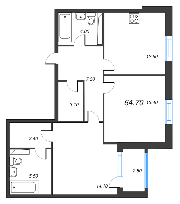 2-комнатная квартира, 64.7 м² в ЖК "Тайм Сквер" - планировка, фото №1