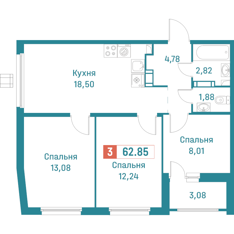4-комнатная (Евро) квартира, 62.85 м² в ЖК "Графика" - планировка, фото №1