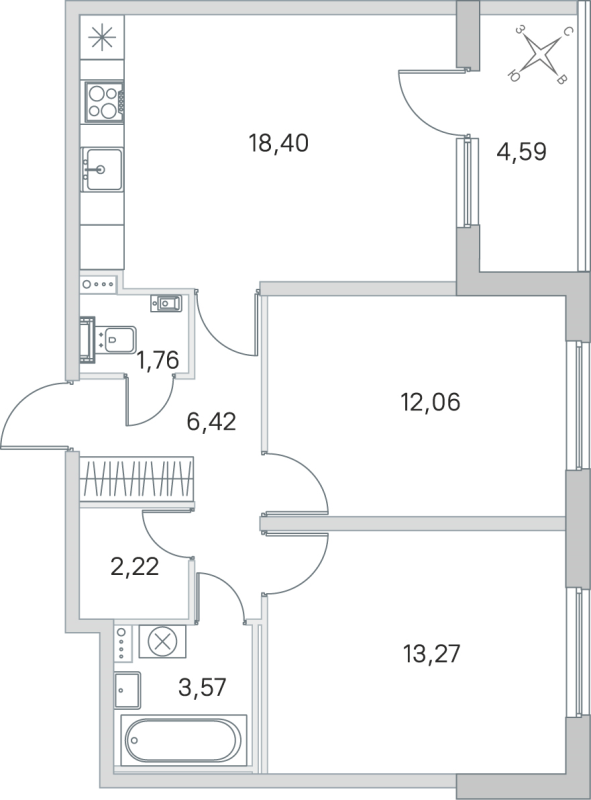 3-комнатная (Евро) квартира, 57.7 м² в ЖК "Любоград" - планировка, фото №1