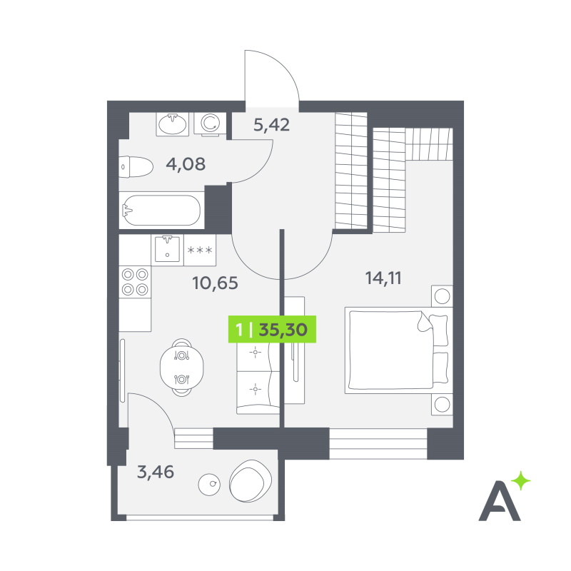 1-комнатная квартира, 35.3 м² в ЖК "Аквилон РекаПарк" - планировка, фото №1