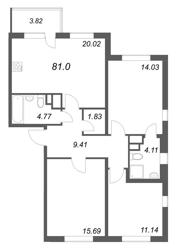 3-комнатная квартира, 81 м² в ЖК "ЮгТаун" - планировка, фото №1