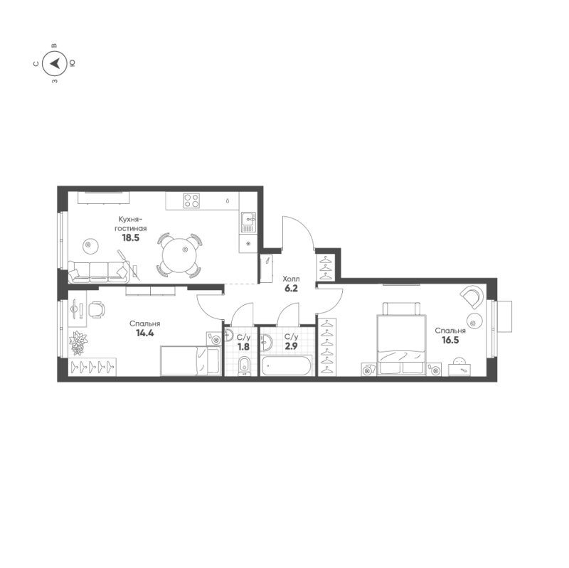 3-комнатная (Евро) квартира, 60.3 м² в ЖК "Ягодное Река Парк" - планировка, фото №1