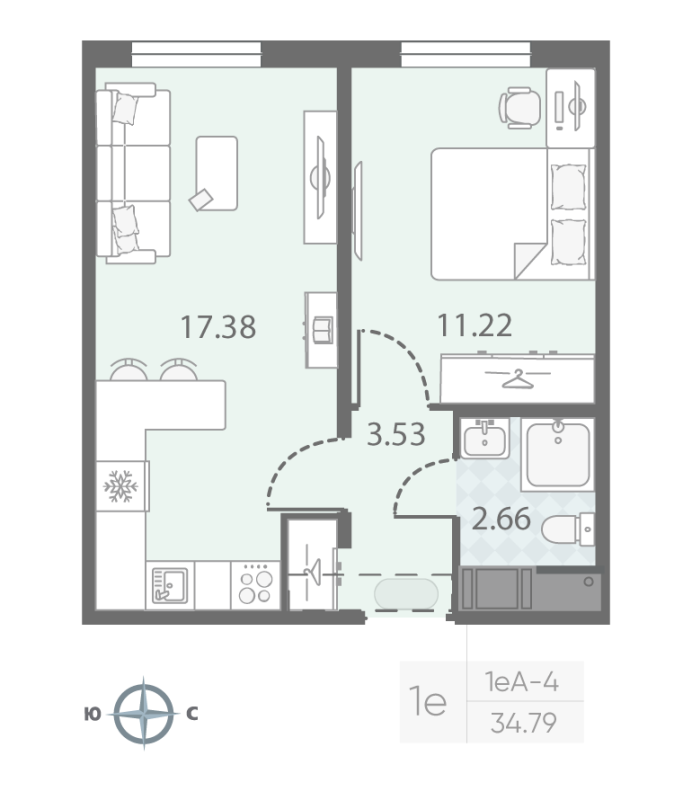 2-комнатная (Евро) квартира, 34.79 м² в ЖК "Морская миля" - планировка, фото №1