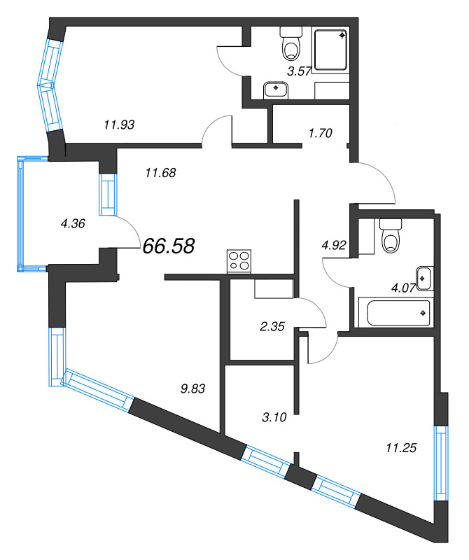 3-комнатная квартира, 66.58 м² - планировка, фото №1
