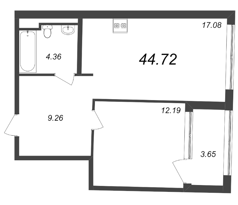 2-комнатная (Евро) квартира, 44.72 м² - планировка, фото №1